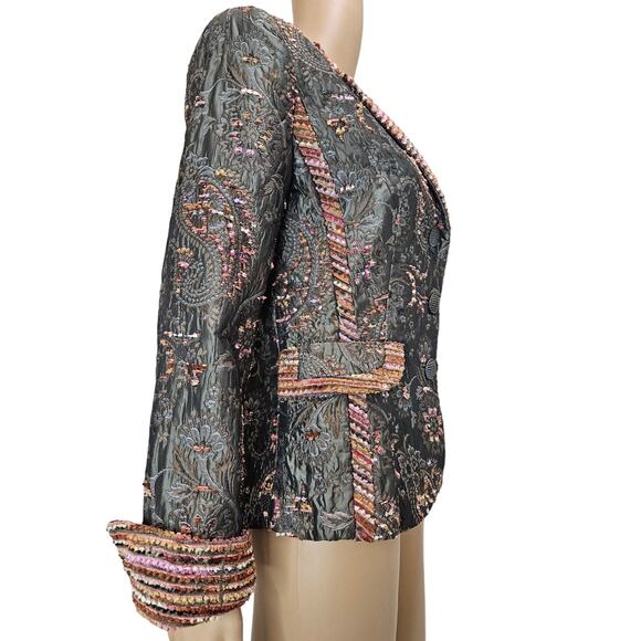 90s Vintage Fitted Embroidered Floral Striped Tapestry Zelda Blazer Size 6P - Picture 2 of 8